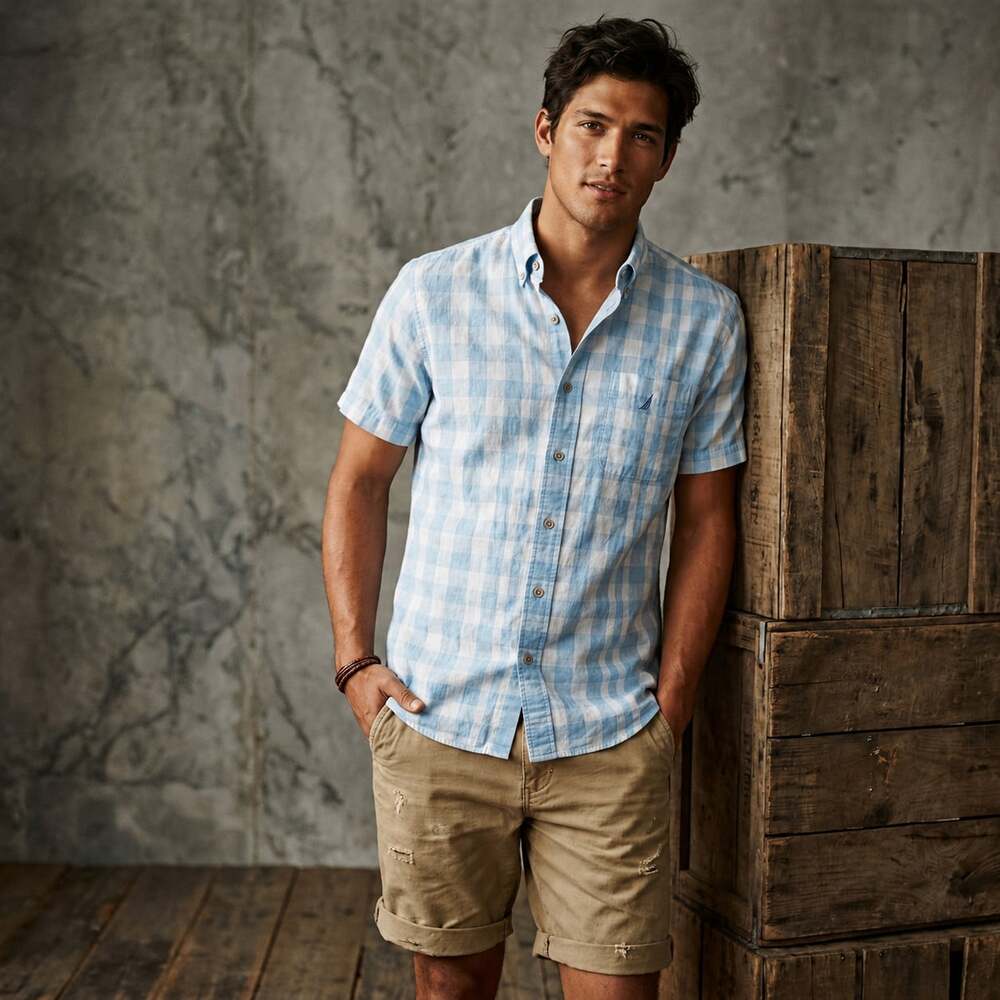 Nautica Mens M Shirt Sky Blue White Cotton Plaid Short Sleeve Button Down Top